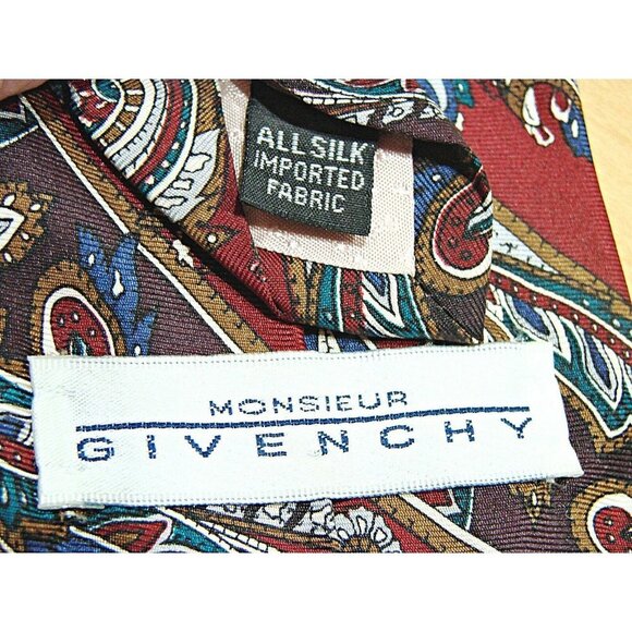 Monsieur Givenchy 100% Silk Necktie Red Blue Gold Paisley Classic Print Wide 58" - Picture 3 of 7